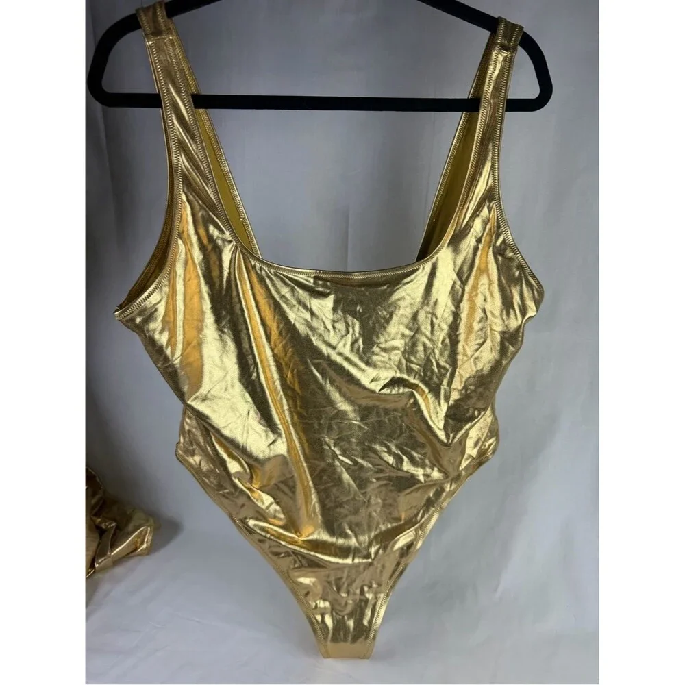 SKIMS Gold Metallic One-Piece Bathing Suit with Matching Sarong Skirt